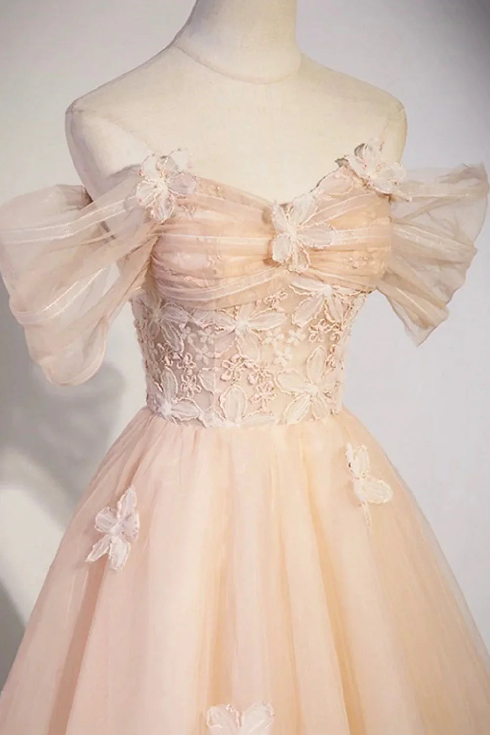 Cute Flowers Tulle Long Formal Dresses, Champagne Off Shoulder Evening Dresses  ED01365