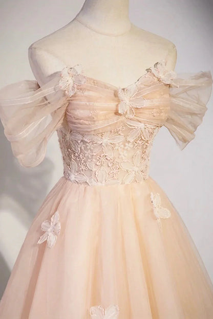 Cute Flowers Tulle Long Formal Dresses, Champagne Off Shoulder Evening Dresses  ED01365
