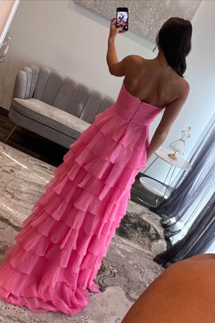 Fuchsia Chiffon Sweetheart Tiered Ruffles Prom Dress with Slit  ED01366
