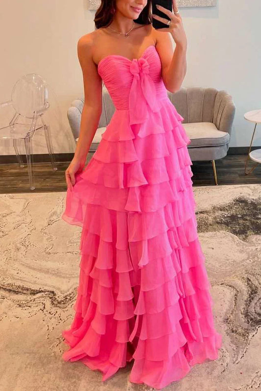 Fuchsia Chiffon Sweetheart Tiered Ruffles Prom Dress with Slit  ED01366