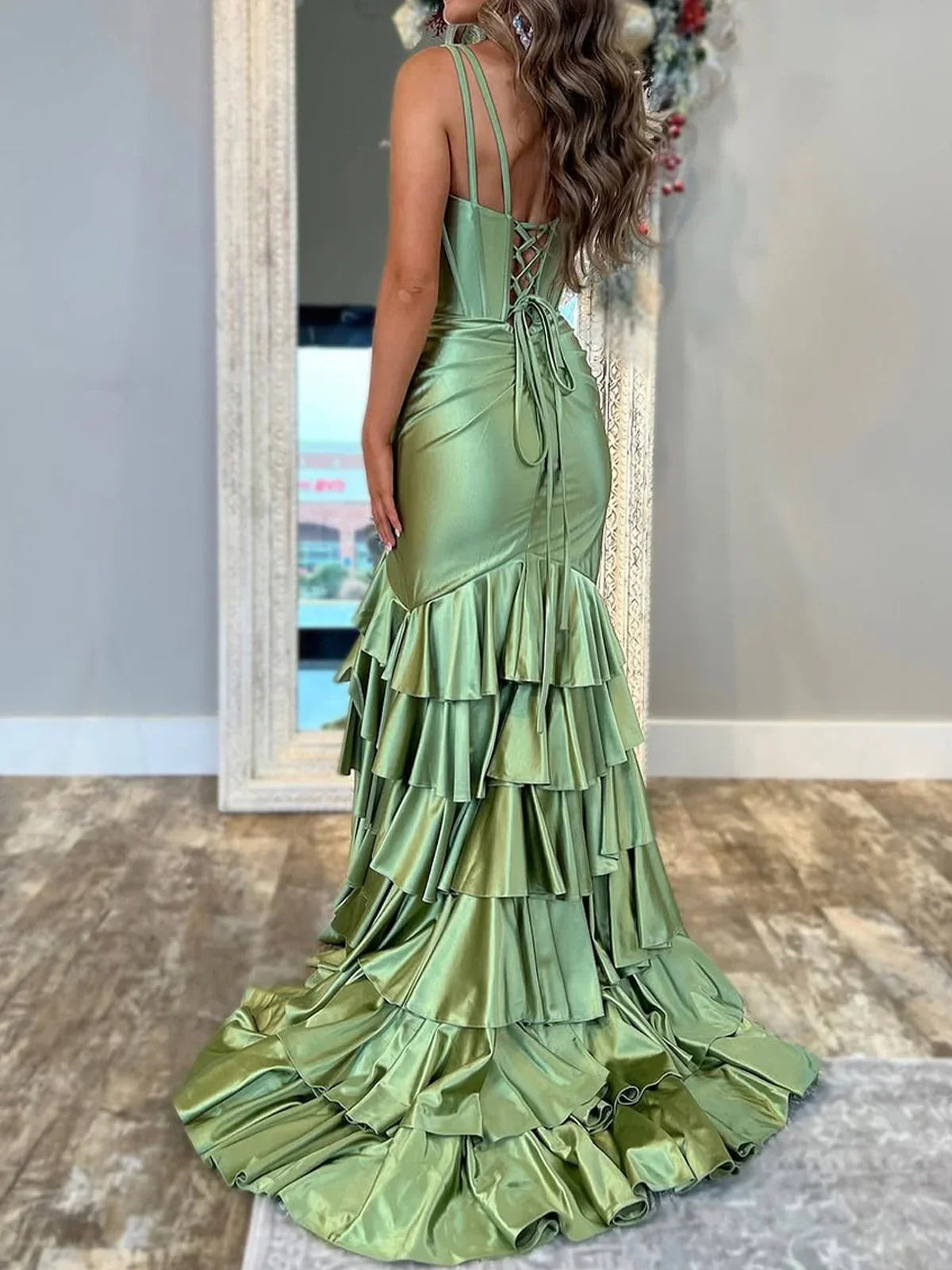 Mermaid Sage V Neck Satin Long Prom Dress With Ruffle Skirt  ED01367