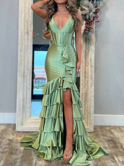Mermaid Sage V Neck Satin Long Prom Dress With Ruffle Skirt  ED01367