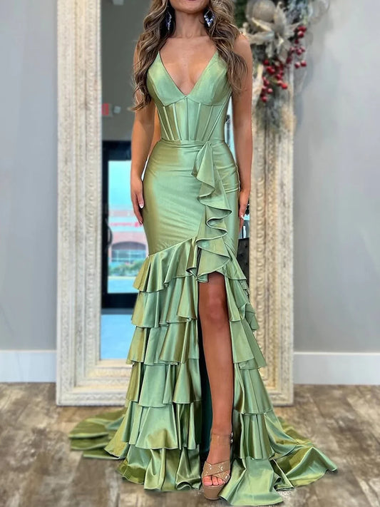 Mermaid Sage V Neck Satin Long Prom Dress With Ruffle Skirt  ED01367