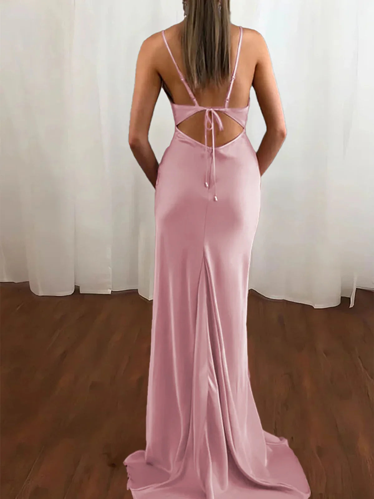 Dusty Pink Spaghetti Straps Satin Mermaid Prom Dress  ED01368