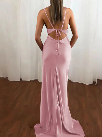 Dusty Pink Spaghetti Straps Satin Mermaid Prom Dress  ED01368