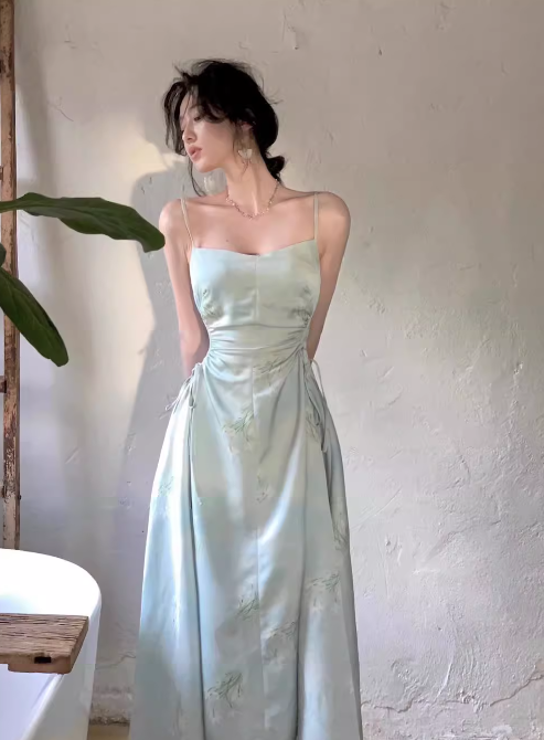 New Chinese style suspender satin pleated waist gentle temperament long skirt  ED0136