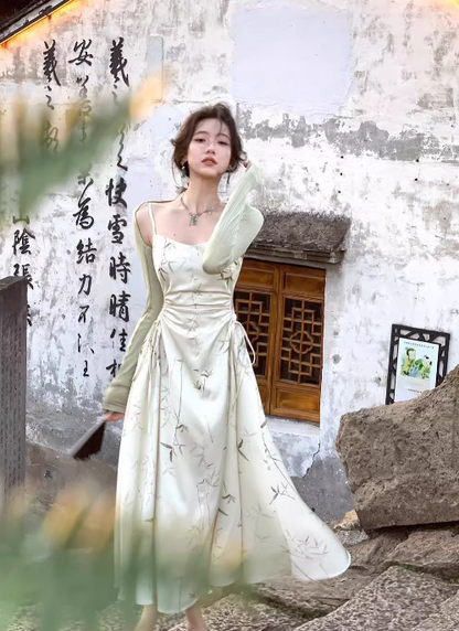 New Chinese style suspender satin pleated waist gentle temperament long skirt  ED0136