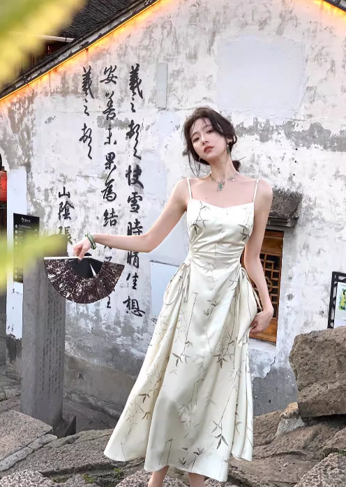 New Chinese style suspender satin pleated waist gentle temperament long skirt  ED0136