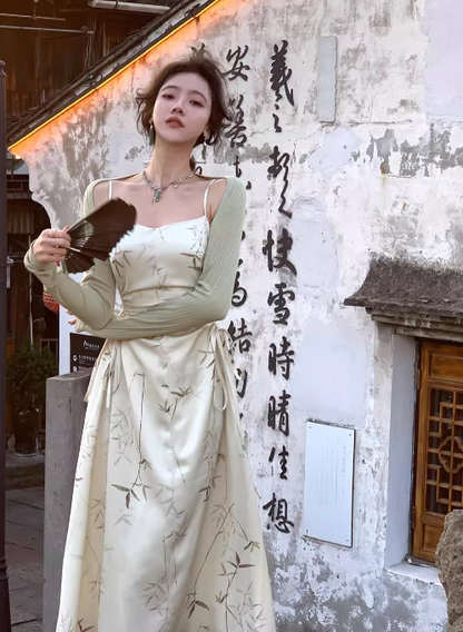 New Chinese style suspender satin pleated waist gentle temperament long skirt  ED0136