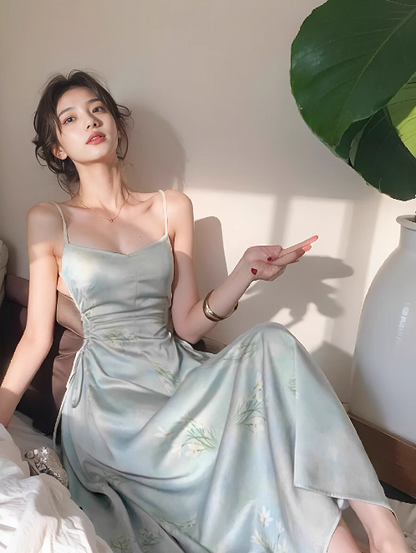 New Chinese style suspender satin pleated waist gentle temperament long skirt  ED0136