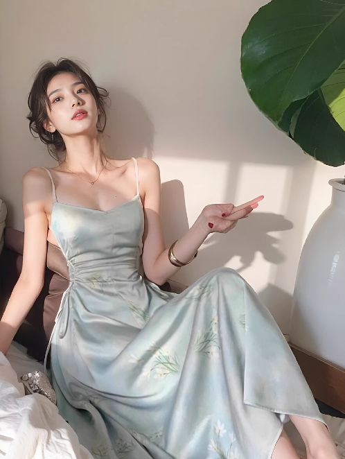 New Chinese style suspender satin pleated waist gentle temperament long skirt  ED0136