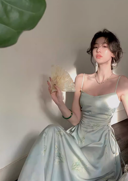 New Chinese style suspender satin pleated waist gentle temperament long skirt  ED0136