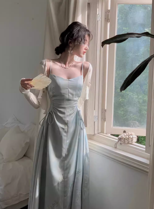 New Chinese style suspender satin pleated waist gentle temperament long skirt  ED0136