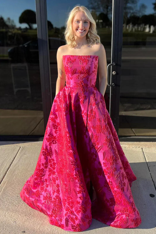Cute A Line Sweetheart Jacquard Satin Red Long Prom Dress with Pockets ED01372
