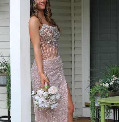 Strapless Mermaid Long Sequins Prom Dress With Split ED01375