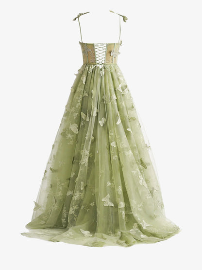 Green A-line Butterfly Lace  Corset Prom Dress with Slit ED01376