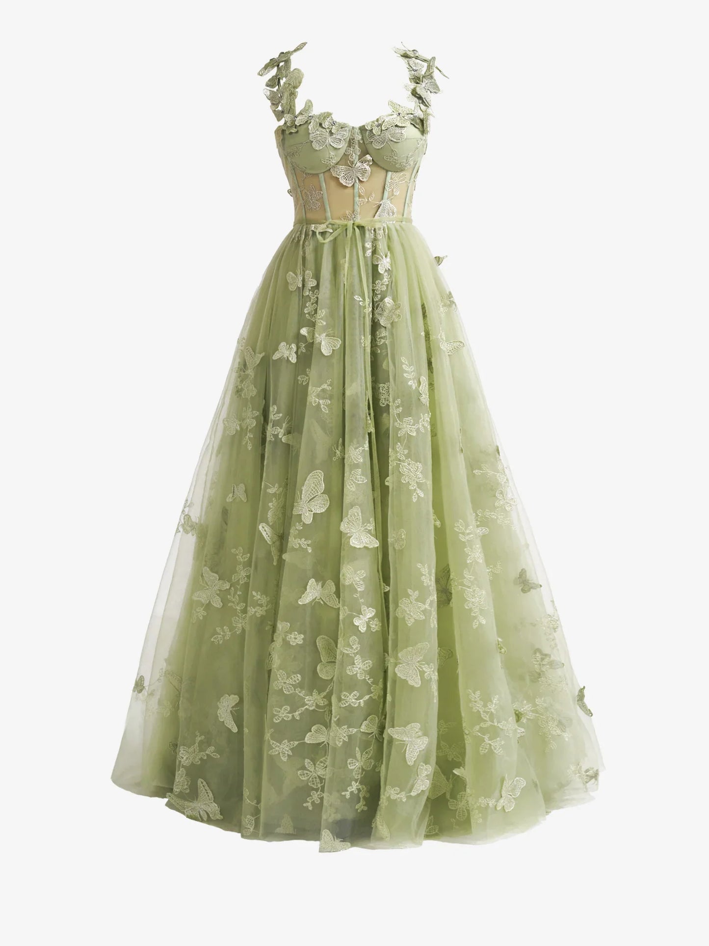 Green A-line Butterfly Lace  Corset Prom Dress with Slit ED01376