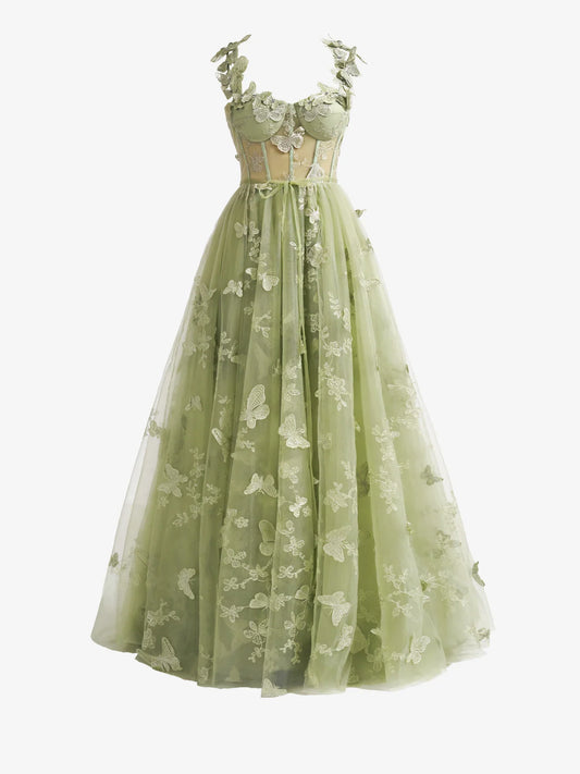 Green A-line Butterfly Lace  Corset Prom Dress with Slit ED01376