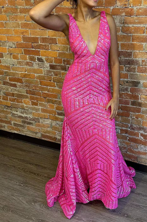 Deep V Neck Pink Sequins Mermaid Long Prom Dress ED01377