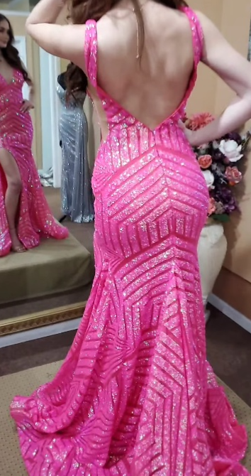 Deep V Neck Pink Sequins Mermaid Long Prom Dress ED01377