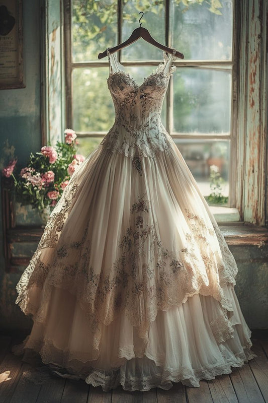 Vintage A-line Sweetheart Neck Tulle Lace Long Prom Dress Applique Sweet Flower Wedding Dress ED01378