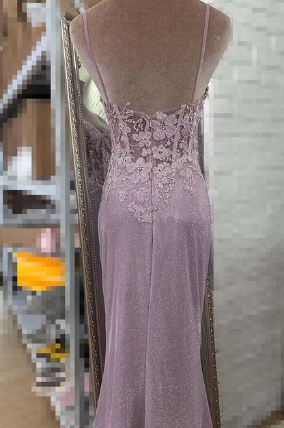 Glitter Blush Mermaid Spaghetti Straps Applique Long Prom Dress with Beading ED01379