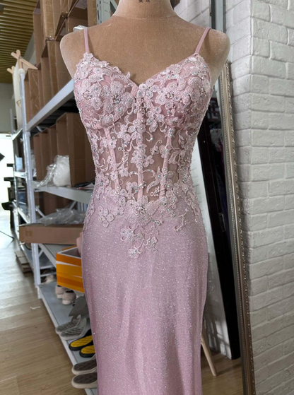 Glitter Blush Mermaid Spaghetti Straps Applique Long Prom Dress with Beading ED01379