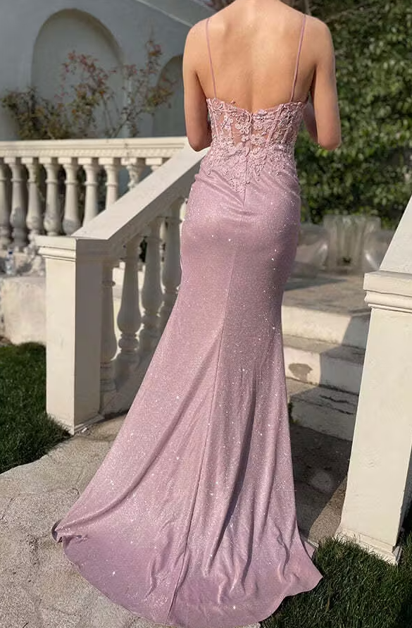 Glitter Blush Mermaid Spaghetti Straps Applique Long Prom Dress with Beading ED01379