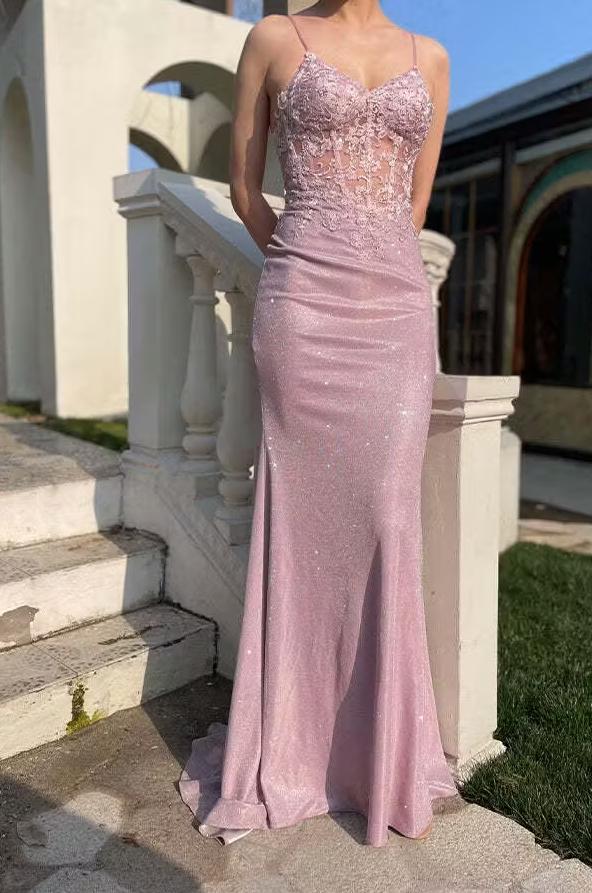 Glitter Blush Mermaid Spaghetti Straps Applique Long Prom Dress with Beading ED01379