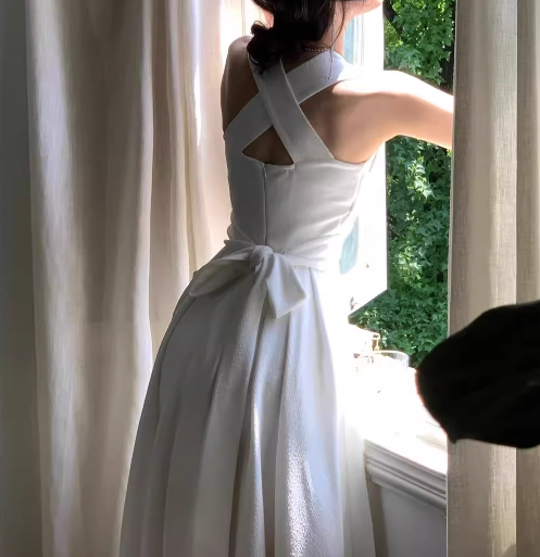 French style niche light luxury white straps dress elegant white birthday dress  ED0137