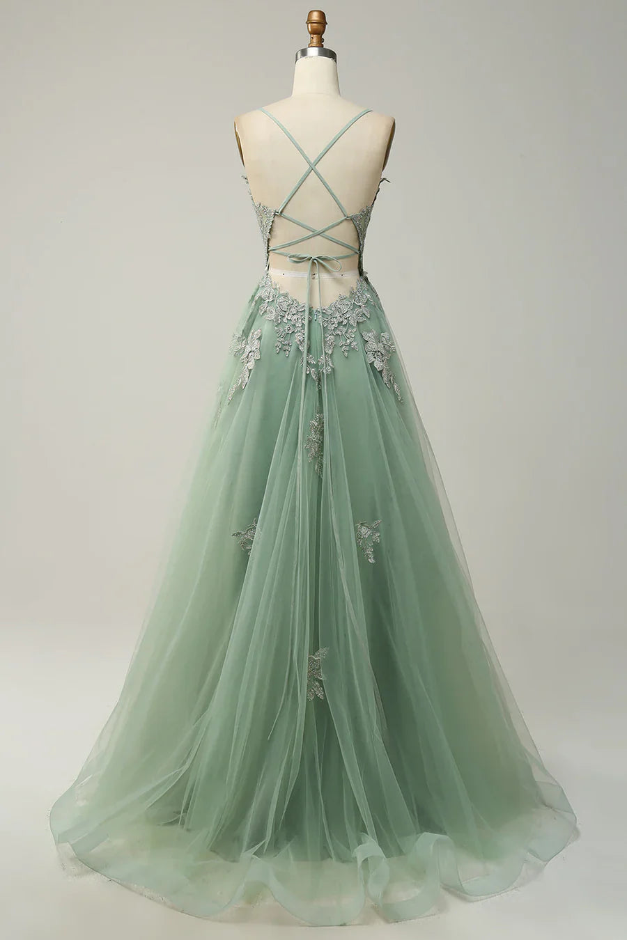 Sage A-line Spaghetti Strap Tulle Long Prom Dress Applique V-neck Party Dress ED01380