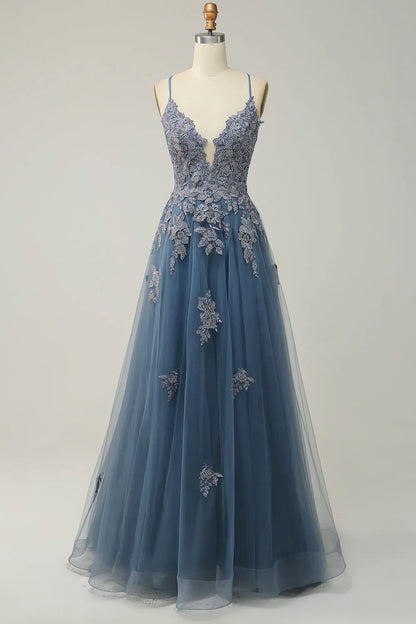 Sage A-line Spaghetti Strap Tulle Long Prom Dress Applique V-neck Party Dress ED01380