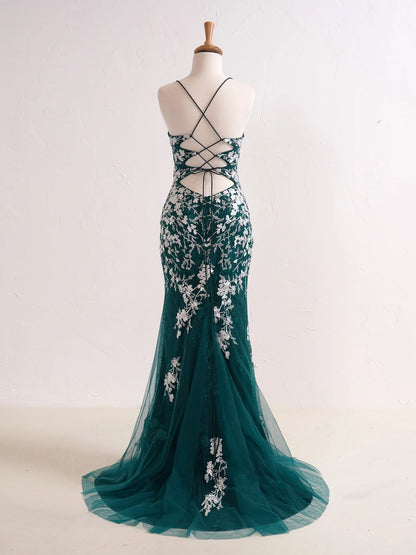 Mermaid V Neck Long Prom Dress with Appliques Beading ED01382