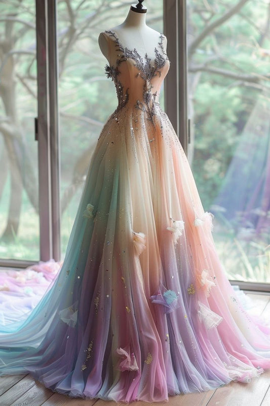 Colorful Vintage Sweetheart Neck Beaded Tulle Long Ball Gown, Sequined Appliqué Evening Gown ED01383