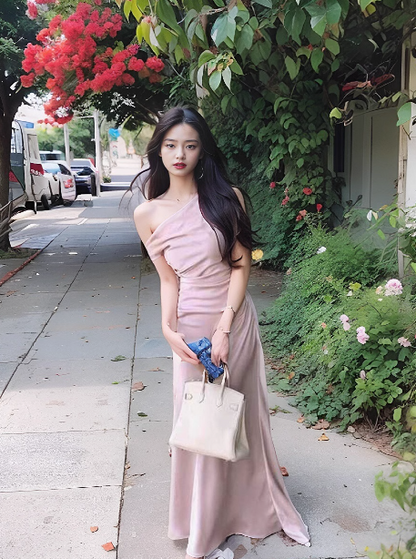 Sexy satin off-shoulder skirt with irregular waist and elegant hip-hugging style  ED0138