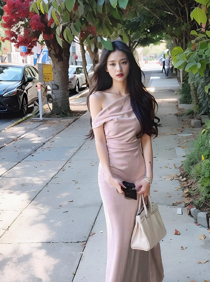 Sexy satin off-shoulder skirt with irregular waist and elegant hip-hugging style  ED0138