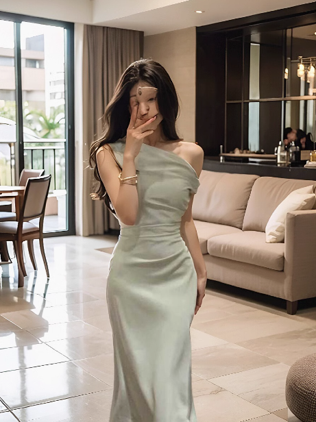 Sexy satin off-shoulder skirt with irregular waist and elegant hip-hugging style  ED0138