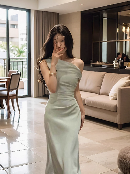 Sexy satin off-shoulder skirt with irregular waist and elegant hip-hugging style  ED0138