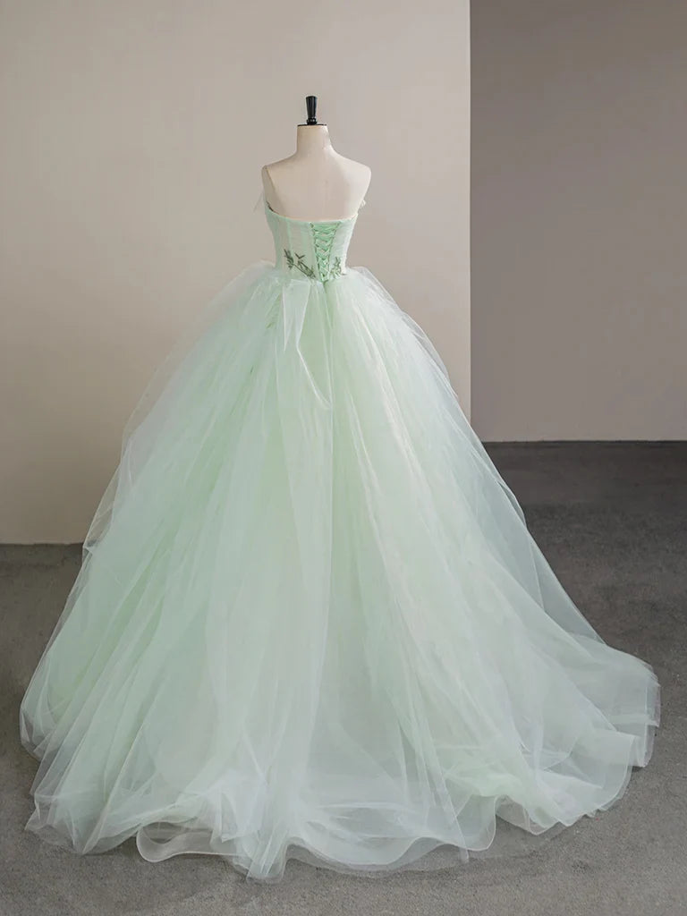 A-Line Tulle Lace Strapless  Long Prom Dress, Tulle Green Long Formal Dress ED01392