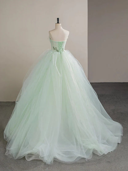 A-Line Tulle Lace Strapless  Long Prom Dress, Tulle Green Long Formal Dress ED01392