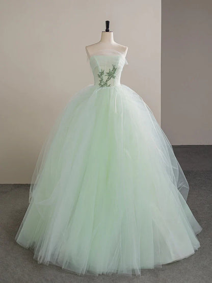 A-Line Tulle Lace Strapless  Long Prom Dress, Tulle Green Long Formal Dress ED01392