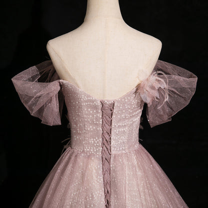 Pink Tulle Sequins Off the Shoulder Butterfly Flower Prom Dress ED01396