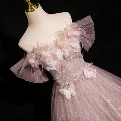 Pink Tulle Sequins Off the Shoulder Butterfly Flower Prom Dress ED01396