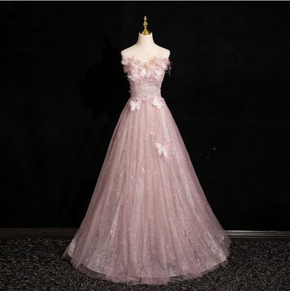 Pink Tulle Sequins Off the Shoulder Butterfly Flower Prom Dress ED01396