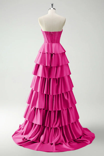 Fuchsia A-line strapless sweetheart neck satin simple long prom dress ED01398