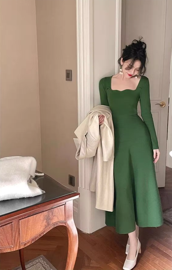French retro square collar wave edge long sleeves mid-length knitted women's dress ED0139
