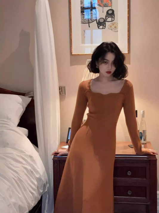 French retro square collar wave edge long sleeves mid-length knitted women's dress ED0139