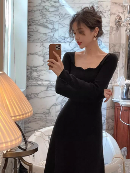 French retro square collar wave edge long sleeves mid-length knitted women's dress ED0139