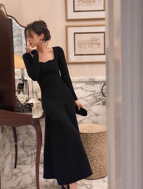 French retro square collar wave edge long sleeves mid-length knitted women's dress ED0139