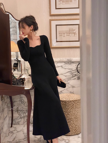 French retro square collar wave edge long sleeves mid-length knitted women's dress ED0139